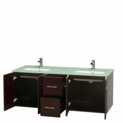 60 inch Double Bathroom Vanity in Espresso, Green Glass Countertop, Undermount Square Sinks, and No Mirror