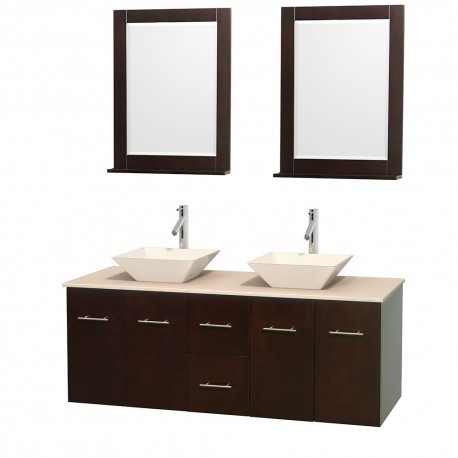 60 inch Double Bathroom Vanity in Espresso, Ivory Marble Countertop, Pyra Bone Porcelain Sinks, and 24 inch Mirrors