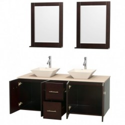 60 inch Double Bathroom Vanity in Espresso, Ivory Marble Countertop, Pyra Bone Porcelain Sinks, and 24 inch Mirrors