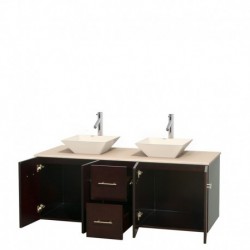 60 inch Double Bathroom Vanity in Espresso, Ivory Marble Countertop, Pyra Bone Porcelain Sinks, and No Mirror