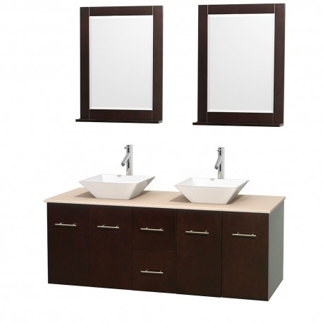 60 inch Double Bathroom Vanity in Espresso, Ivory Marble Countertop, Pyra White Porcelain Sinks, and 24 inch Mirrors
