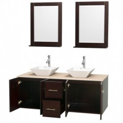 60 inch Double Bathroom Vanity in Espresso, Ivory Marble Countertop, Pyra White Porcelain Sinks, and 24 inch Mirrors