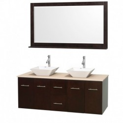 60 inch Double Bathroom Vanity in Espresso, Ivory Marble Countertop, Pyra White Porcelain Sinks, and 58 inch Mirror