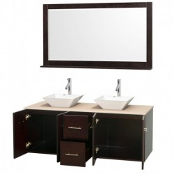 60 inch Double Bathroom Vanity in Espresso, Ivory Marble Countertop, Pyra White Porcelain Sinks, and 58 inch Mirror