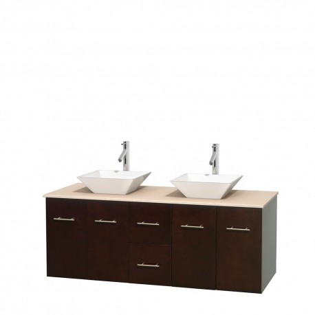 60 inch Double Bathroom Vanity in Espresso, Ivory Marble Countertop, Pyra White Porcelain Sinks, and No Mirror