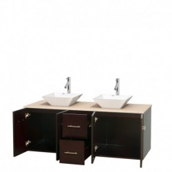 60 inch Double Bathroom Vanity in Espresso, Ivory Marble Countertop, Pyra White Porcelain Sinks, and No Mirror