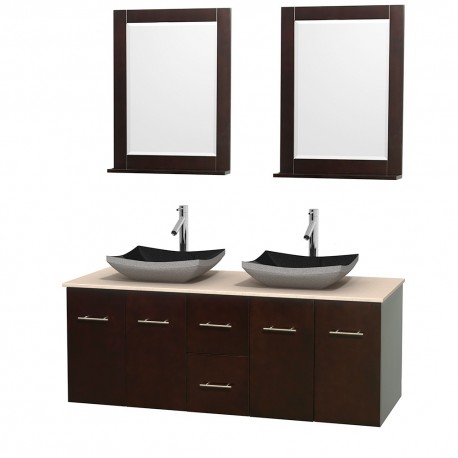 60 inch Double Bathroom Vanity in Espresso, Ivory Marble Countertop, Altair Black Granite Sinks, and 24 inch Mirrors