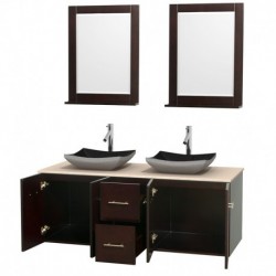 60 inch Double Bathroom Vanity in Espresso, Ivory Marble Countertop, Altair Black Granite Sinks, and 24 inch Mirrors