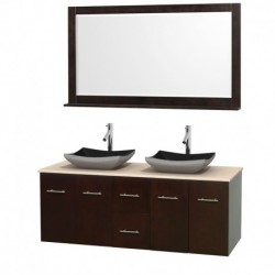 60 inch Double Bathroom Vanity in Espresso, Ivory Marble Countertop, Altair Black Granite Sinks, and 58 inch Mirror