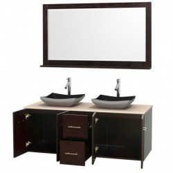 60 inch Double Bathroom Vanity in Espresso, Ivory Marble Countertop, Altair Black Granite Sinks, and 58 inch Mirror