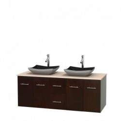 60 inch Double Bathroom Vanity in Espresso, Ivory Marble Countertop, Altair Black Granite Sinks, and No Mirror
