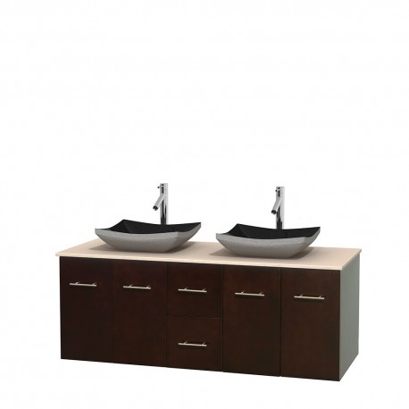 60 inch Double Bathroom Vanity in Espresso, Ivory Marble Countertop, Altair Black Granite Sinks, and No Mirror