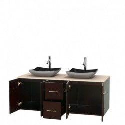 60 inch Double Bathroom Vanity in Espresso, Ivory Marble Countertop, Altair Black Granite Sinks, and No Mirror