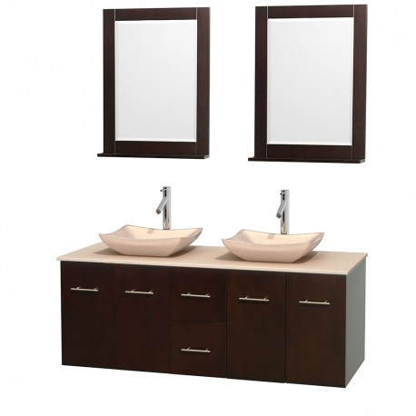 60 inch Double Bathroom Vanity in Espresso, Ivory Marble Countertop, Avalon Ivory Marble Sinks, and 24 inch Mirrors