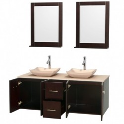 60 inch Double Bathroom Vanity in Espresso, Ivory Marble Countertop, Avalon Ivory Marble Sinks, and 24 inch Mirrors