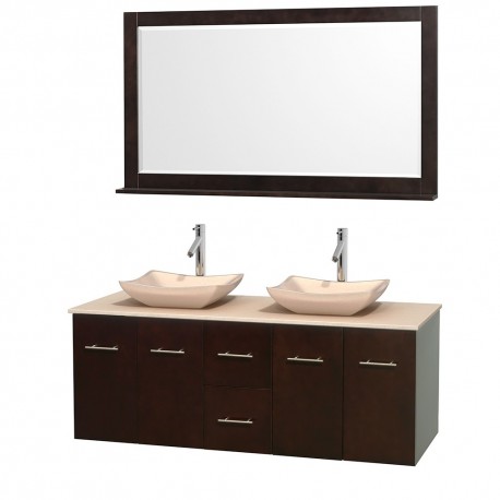 60 inch Double Bathroom Vanity in Espresso, Ivory Marble Countertop, Avalon Ivory Marble Sinks, and 58 inch Mirror