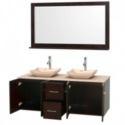 60 inch Double Bathroom Vanity in Espresso, Ivory Marble Countertop, Avalon Ivory Marble Sinks, and 58 inch Mirror