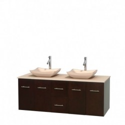 60 inch Double Bathroom Vanity in Espresso, Ivory Marble Countertop, Avalon Ivory Marble Sinks, and No Mirror