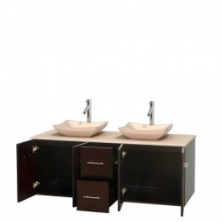 60 inch Double Bathroom Vanity in Espresso, Ivory Marble Countertop, Avalon Ivory Marble Sinks, and No Mirror