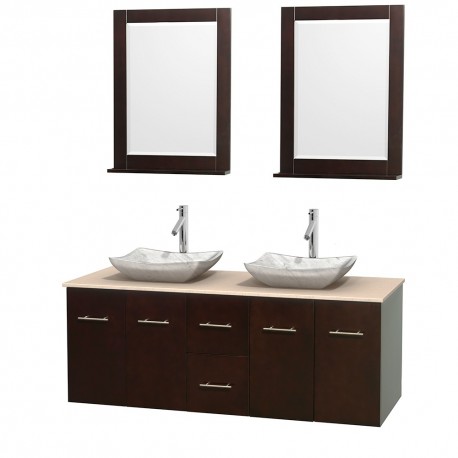 60 inch Double Bathroom Vanity in Espresso, Ivory Marble Countertop, Avalon White Carrera Marble Sinks, and 24 inch Mirrors