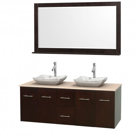 60 inch Double Bathroom Vanity in Espresso, Ivory Marble Countertop, Avalon White Carrera Marble Sinks, and 58 inch Mirror