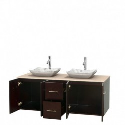 60 inch Double Bathroom Vanity in Espresso, Ivory Marble Countertop, Avalon White Carrera Marble Sinks, and No Mirror