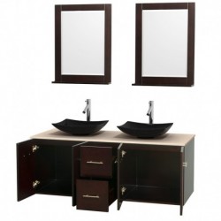 60 inch Double Bathroom Vanity in Espresso, Ivory Marble Countertop, Arista Black Granite Sinks, and 24 inch Mirrors