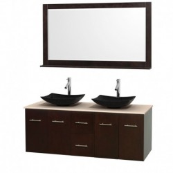 60 inch Double Bathroom Vanity in Espresso, Ivory Marble Countertop, Arista Black Granite Sinks, and 58 inch Mirror