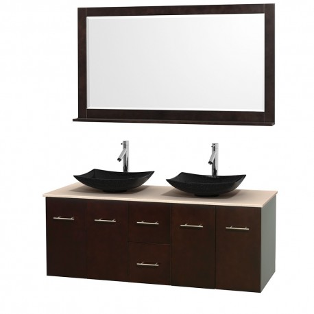 60 inch Double Bathroom Vanity in Espresso, Ivory Marble Countertop, Arista Black Granite Sinks, and 58 inch Mirror