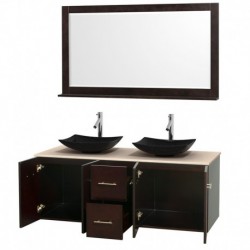 60 inch Double Bathroom Vanity in Espresso, Ivory Marble Countertop, Arista Black Granite Sinks, and 58 inch Mirror