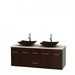 60 inch Double Bathroom Vanity in Espresso, Ivory Marble Countertop, Arista Black Granite Sinks, and No Mirror