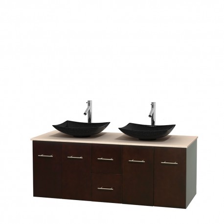 60 inch Double Bathroom Vanity in Espresso, Ivory Marble Countertop, Arista Black Granite Sinks, and No Mirror