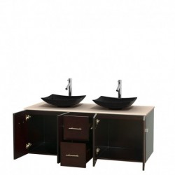 60 inch Double Bathroom Vanity in Espresso, Ivory Marble Countertop, Arista Black Granite Sinks, and No Mirror