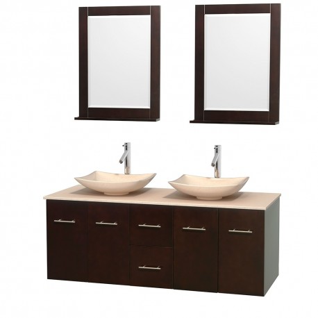 60 inch Double Bathroom Vanity in Espresso, Ivory Marble Countertop, Arista Ivory Marble Sinks, and 24 inch Mirrors