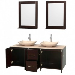 60 inch Double Bathroom Vanity in Espresso, Ivory Marble Countertop, Arista Ivory Marble Sinks, and 24 inch Mirrors