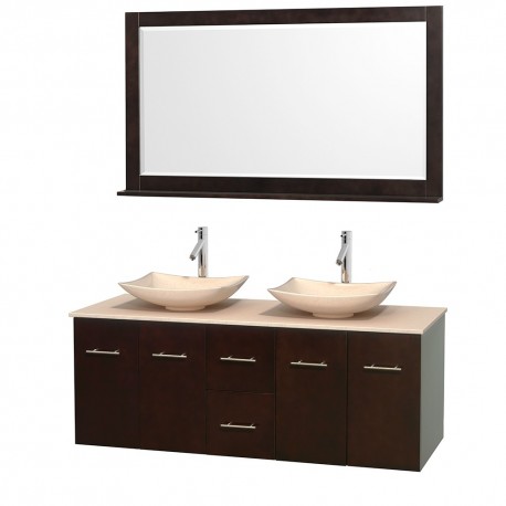 60 inch Double Bathroom Vanity in Espresso, Ivory Marble Countertop, Arista Ivory Marble Sinks, and 58 inch Mirror