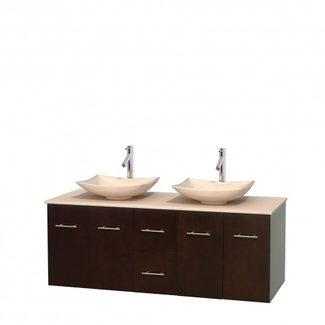 60 inch Double Bathroom Vanity in Espresso, Ivory Marble Countertop, Arista Ivory Marble Sinks, and No Mirror