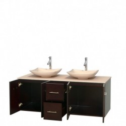 60 inch Double Bathroom Vanity in Espresso, Ivory Marble Countertop, Arista Ivory Marble Sinks, and No Mirror