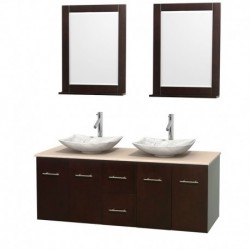 60 inch Double Bathroom Vanity in Espresso, Ivory Marble Countertop, Arista White Carrera Marble Sinks, and 24 inch Mirrors