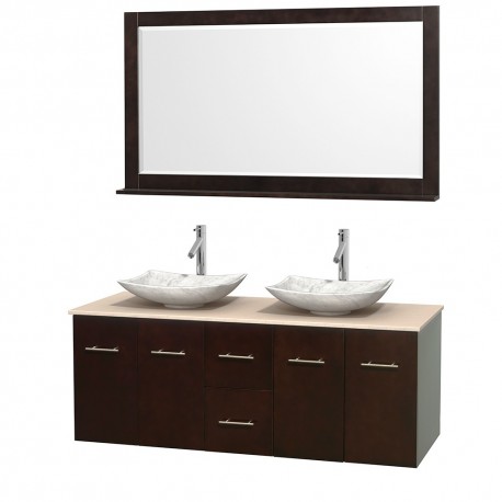 60 inch Double Bathroom Vanity in Espresso, Ivory Marble Countertop, Arista White Carrera Marble Sinks, and 58 inch Mirror