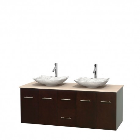 60 inch Double Bathroom Vanity in Espresso, Ivory Marble Countertop, Arista White Carrera Marble Sinks, and No Mirror