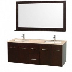 60 inch Double Bathroom Vanity in Espresso, Ivory Marble Countertop, Square Porcelain Undermount Sinks, and 58 inch Mirror