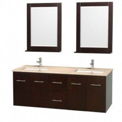 60 inch Double Bathroom Vanity in Espresso, Ivory Marble Countertop, Undermount Square Sink, and 24 inch Mirrors