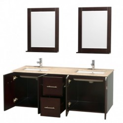 60 inch Double Bathroom Vanity in Espresso, Ivory Marble Countertop, Undermount Square Sink, and 24 inch Mirrors