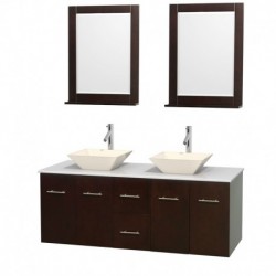 60 inch Double Bathroom Vanity in Espresso, White Man-Made Stone Countertop, Pyra Bone Porcelain Sinks, and 24 inch Mirrors