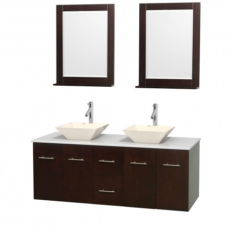 60 inch Double Bathroom Vanity in Espresso, White Man-Made Stone Countertop, Pyra Bone Porcelain Sinks, and 24 inch Mirrors