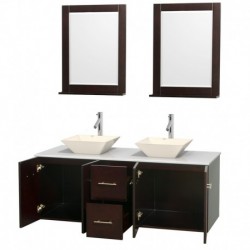 60 inch Double Bathroom Vanity in Espresso, White Man-Made Stone Countertop, Pyra Bone Porcelain Sinks, and 24 inch Mirrors