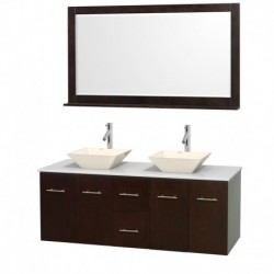 60 inch Double Bathroom Vanity in Espresso, White Man-Made Stone Countertop, Pyra Bone Porcelain Sinks, and 58 inch Mirror