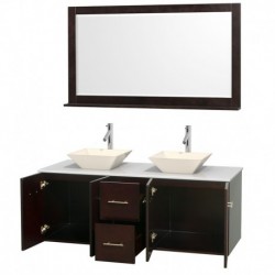 60 inch Double Bathroom Vanity in Espresso, White Man-Made Stone Countertop, Pyra Bone Porcelain Sinks, and 58 inch Mirror