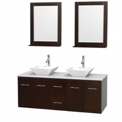 60 inch Double Bathroom Vanity in Espresso, White Man-Made Stone Countertop, Pyra White Porcelain Sinks, and 24 inch Mirrors